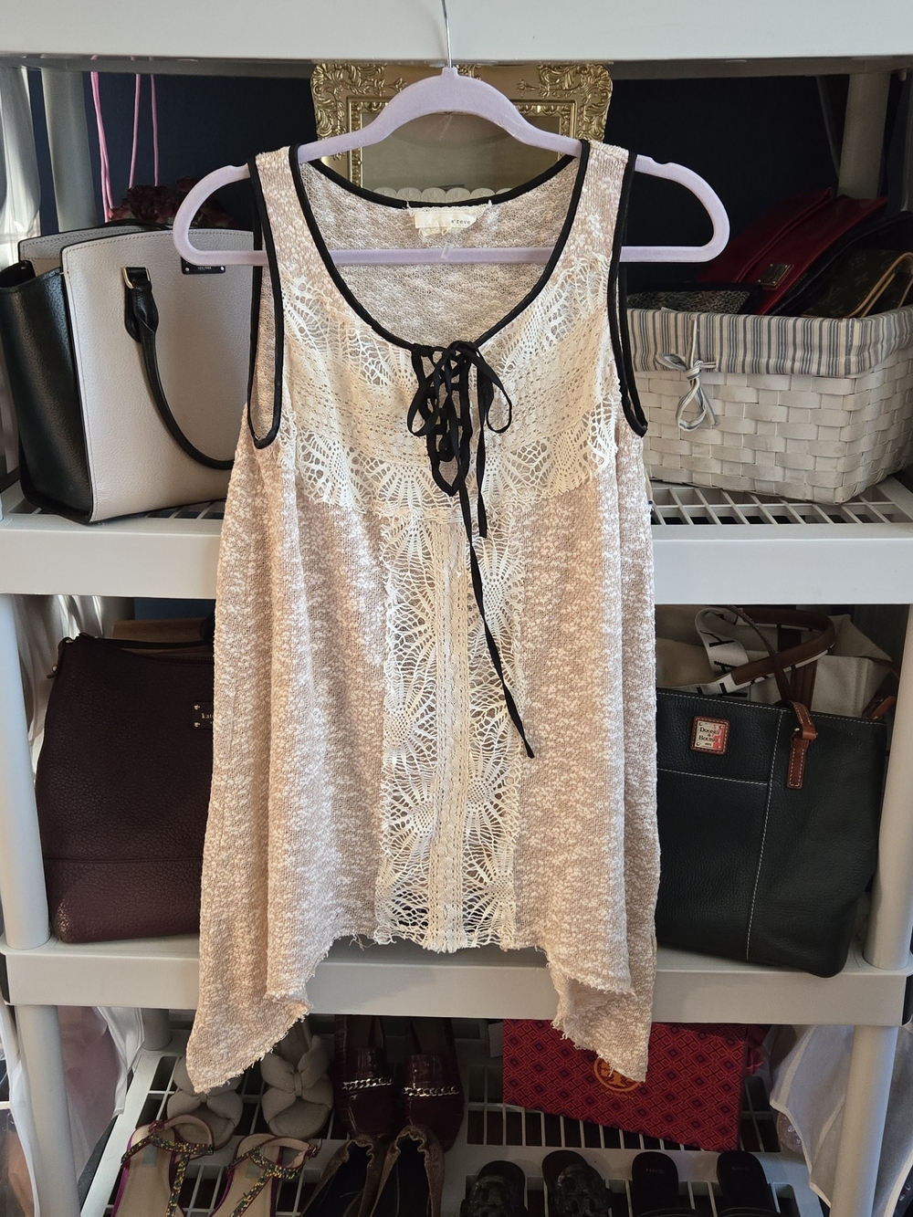 Anthropologie Cream Lace-Front Tank with Black Trim